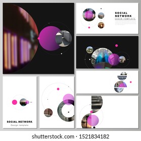 The minimalistic vector layouts of modern social network mockups in popular formats. Simple design futuristic concept. Creative background with circles and round shapes that form planets and stars.