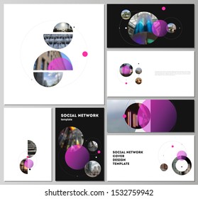 The minimalistic vector layouts of modern social network mockups in popular formats. Simple design futuristic concept. Creative background with circles and round shapes that form planets and stars.