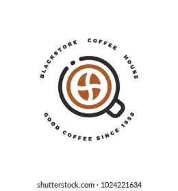 Minimalistic vector logo for coffee shop. Outline logotype with coffee bean and stylized cup