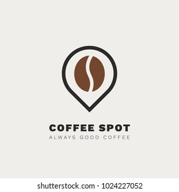 Minimalistic vector logo for coffee shop. Outline logotype with coffee bean and navigation mark 