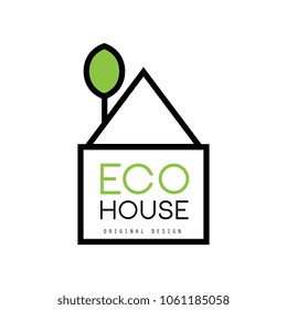 Minimalistic vector logo of eco-house with green tree instead of chimney. Ecological construction. Sustainable architecture