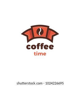 Minimalistic vector logo of red ribbon with coffee bean. Flat logotype for coffee shop
