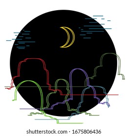Minimalistic vector mountains at night with crescent moon and clouds overhead, on a black circle background