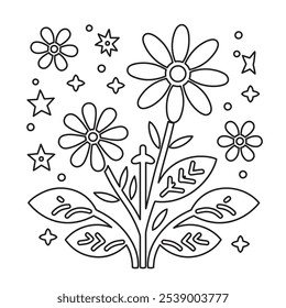 Vetor minimalista de design de flores para uma página de coloração, com formas florais delicadas e linhas simples para uma experiência de coloração elegante e relaxante. Perfeito para adultos e crianças.