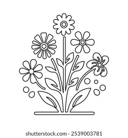 Minimalistic vector outline of flowers design for a coloring page, featuring delicate floral shapes and simple lines for an elegant, relaxing coloring experience. Perfect for adults and kids alike.