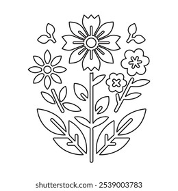 Vetor minimalista de design de flores para uma página de coloração, com formas florais delicadas e linhas simples para uma experiência de coloração elegante e relaxante. Perfeito para adultos e crianças.