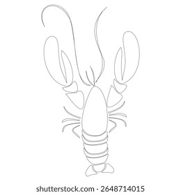 Ilustração de contorno de vetor minimalista de uma lagosta em linhas pretas limpas. Perfeito para ícones de frutos do mar, design de comida mediterrânea ou gráficos culinários lineares.
