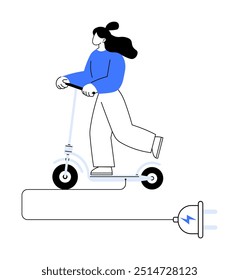 Vector minimalista de una persona en un scooter eléctrico, enfatizando la energía limpia y el transporte moderno. Ideal para viajes sostenibles, vida ecológica, movilidad urbana, energías renovables