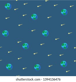 minimalistic vector picture in a cartoon style, space pattern with the planet earth and falling stars on a blue background