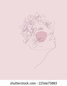 Minimalistic vector portrait of a girl with flowers on a light pink separate background. 
