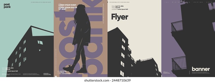 Minimalistic vector posters with strong geometric elements and silhouetted figures against urban backdrops.