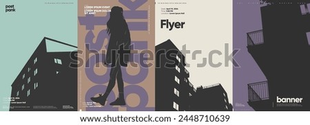 Minimalistic vector posters with strong geometric elements and silhouetted figures against urban backdrops.
