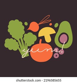 Minimalistic vector print with vegetables, mushroom, berries and text "Yum!". Isolated illustration with veggies, avocado, broccoli, tomato, radish, blueberry, pea for vegetarian, vegan food merch.
