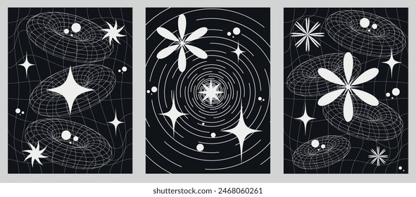 Afiches retro de Vector minimalista en estilo Y2K con Formas geométricas en forma de alambre. Diseño contemporáneo inspirado en el brutalismo y las siluetas de las figuras principales.