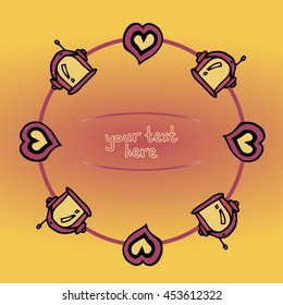 Minimalistic vector round frame with a graphic image of the astronaut helmet and hearts. Handmade. There is a place for your text. For dreamers. It can be used for invitations, holiday cards, etc.