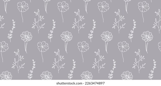 Minimalistic vector seamless pattern with flowers, eucalyptus, branches and leaves for textiles, covers, backgrounds, wrapping paper