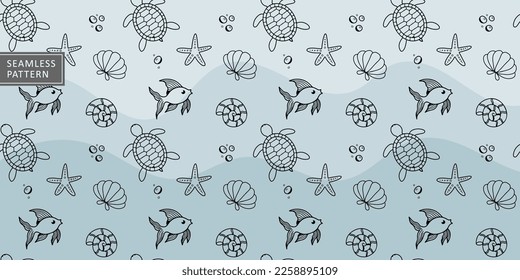 Patrón vectorial minimalista sin fisuras con los habitantes marinos: peces, tortugas, conchas, moluscos, estepas para papel textil y de envolvimiento