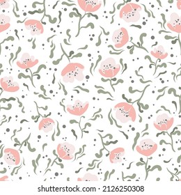 Minimalistic vector seamless pattern with pink hand-drawn flowers on a white background