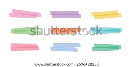 A minimalistic vector set of hand-drawn highlighter lines in a variety of pastel colors. These translucent marks are perfect for highlighting text, annotating, and digital design.