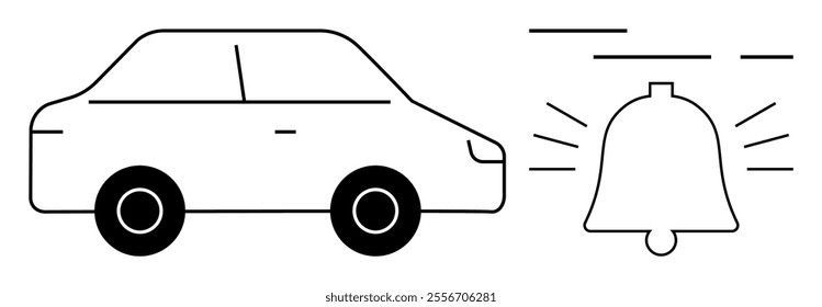 A minimalistic vector showing a simple car symbol next to an alert bell. Ideal for driving caution, road safety materials, car warning systems, educational purposes, and vehicular alert icons. Black