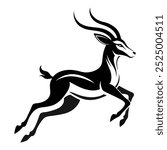 Minimalistic vector silhouette of a gazelle in a dynamic jumping pose, featuring smooth, bold lines. Logo in Jumping Pose - Clean, Bold Animal.