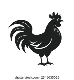 minimalistic vector silhouette of a rooster in black, emphasizing its iconic comb, curved tail feathers, and upright stance. Perfect for farm themes, logos, or modern designs.
