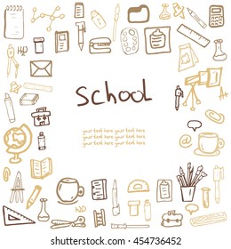 Minimalistic Vector square frame with Doodle school subjects. Handmade. There is a place for your text. It can be used for packaging, invitations, greeting cards, etc.