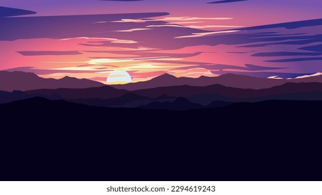 Minimalistic vector sunset background with mountains against sunset