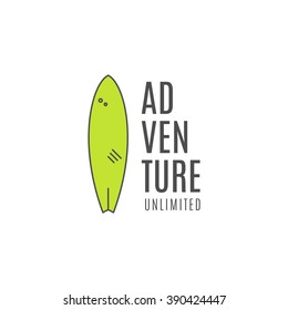 Minimalistic vector surfing logo concept. Summer Thin line flat surfboard emblem design. Lineart Surfer gear badge - board. Linear tourist vector template, isolated Surfboard line art equipment label