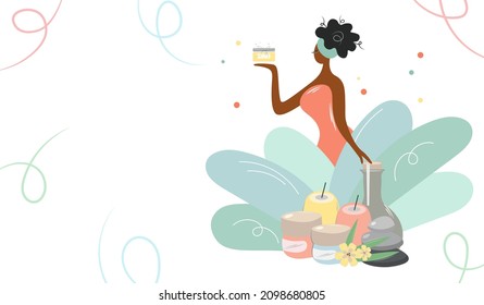 Plantilla vectorial minimalista con una chica afroamericana sosteniendo crema. Mujer y productos naturales de bienvenida. Alrededor de hojas grandes y un conjunto de cosméticos spa. Concepto de diseño cosmético de estilo plano.