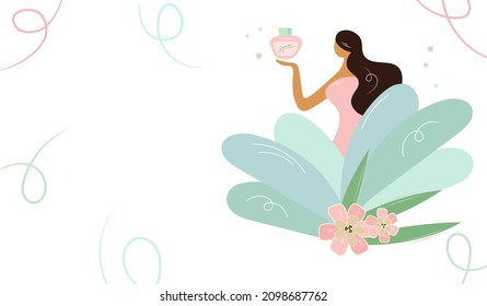 Minimalistic vector template of cute girl holding spa cream. Brunette woman and natural skin and hair care products. There are large leaves and flowers around. Flat style cosmetics design concept.