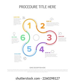 Línea gruesa vectorial minimalista seis pasos elementos en la plantilla de forma de la herramienta de gadget. Plantilla infográfica multipropósito con descripciones, iconos, números de color grueso para cada paso 