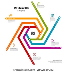 Minimalistic vector thick line six elements in hrxagon shapetemplate. Multipurpose infographic template with descriptions, icons, thick color  big numbers for aeach step of the procedure process