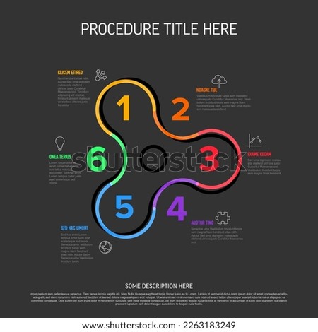 Minimalistic vector thick line six steps elements in spinner gadget tool shape template. Multipurpose dark infographic template with descriptions, icons, thick color  big numbers for each step