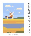 Minimalistic Vector Travel Poster. Travel around the UK. Roadtrip. Nature of England. Trendy colorful style. East of England. Rustic landscape with a windmill.