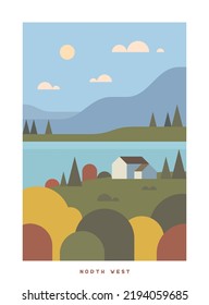 Afiche de viaje por vectores minimalista. Viaja por el Reino Unido. Viaje. Naturaleza de Inglaterra. Estilo de moda y colorido. Noroeste. La casa a orillas de la bahía Montañas.