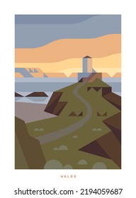 Minimalistic Vector Travel Poster. Travel around the UK. Roadtrip. Nature of England. Trendy colorful style. Wales. Tŵr Mawr Lighthouse. Great tower. Coast, rocks and ocean.