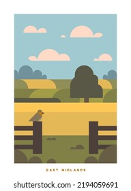Minimalistic Vector Travel Poster. Travel around the UK. Roadtrip. Nature of England. Trendy colorful style. East Midlands. Rustic landscape.