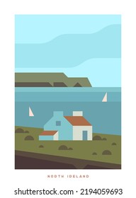 Minimalistic Vector Travel Poster. Travel around the UK. Roadtrip. Nature of England. Trendy colorful style. North Ireland.  The seashore with a lonely house and a rocky shore.