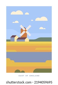 Afiche de viaje por vectores minimalista. Viaja por el Reino Unido. Viaje. Naturaleza de Inglaterra. Estilo de moda y colorido. Al este de Inglaterra. Paisaje rústico con molino de viento.