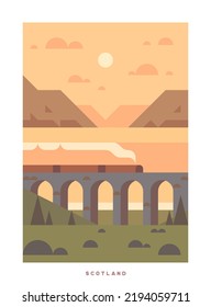 Minimalistic Vector Travel Poster. Travel around the UK. Roadtrip. Nature of England. Trendy colorful style. Scotland. Glenfinnan Viaduct. West Highland Line.