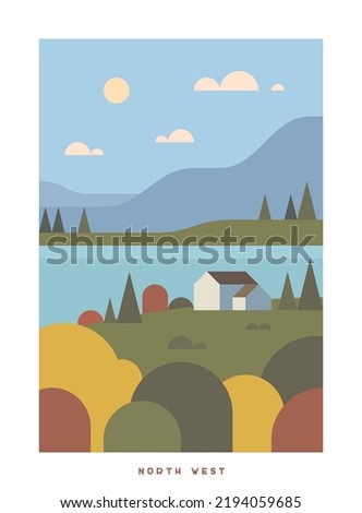 Minimalistic Vector Travel Poster. Travel around the UK. Roadtrip. Nature of England. Trendy colorful style. North West. The house by the bay. Mountains.