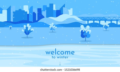 Minimalistic vector winter landscape. Flat abstract background. Blue wallpapers. The city with transport links near the park with trees. Frozen Lake. Template with free space for text. Snowfall.