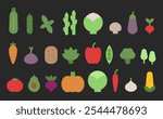 Minimalistic vegetable flat icons. Farm market fresh food, organic vegetables and greengrocery products, healthy food flat symbols for culinary and dietary themes. Vector set.