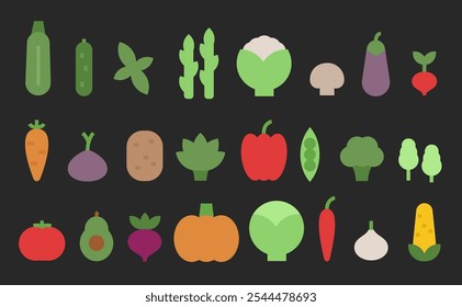 Ícones planos vegetais minimalistas. Mercado agrícola de alimentos frescos, vegetais orgânicos e produtos de verdura, símbolos planos de alimentos saudáveis para temas culinários e dietéticos. Conjunto de vetores.