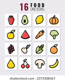 Minimalistic vegetable icons. Flat vector illustration. Icons of vegetables and fruits in a linear style.