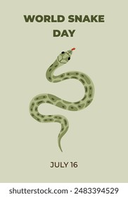 Minimalistic vertical banner for World Snake Day at 16th of July with cartoon viper and typography. Holiday concept for post, background, website, card to raise awareness about importance of snakes.