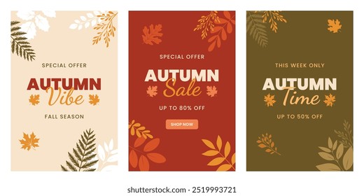 Minimalistic vertical social media autumn backgrounds. Flat vintage colors, dry plant and leaves. Frames, corners. Event wedding invitation, discount voucher, advertising, banner, poster, flyer, cover