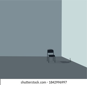 Minimalistic view of a single black chair shadow on concrete wall. Home interior design with furniture. 