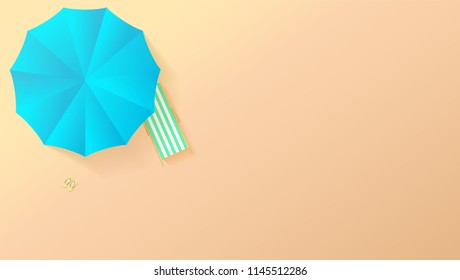 Minimalistic view of summer beach in paper craft style, flat lay. Top view on seashore with sun umbrella, deck chairs, sandals. Beach from paper cut out layers. Background template for cover, poster.